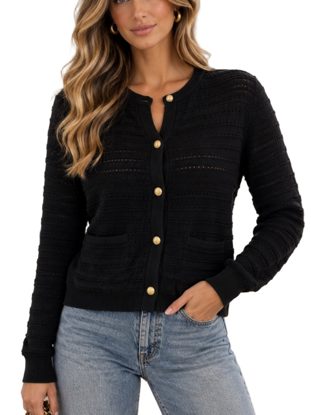 Rag & Bone Marlee Black Knit Cardigan Gold Buttons Organic Cotton L/G